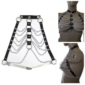 Adjustable Patent Choker Layered Chain Harness Top Womens O/S Black & Clear NEW